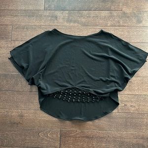 Y2K Crop Top Black Gemstone Net Overlay Open Sleeve S/M Vintage